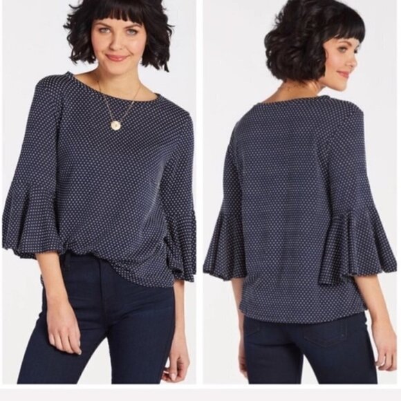 Anthropologie Sunday in Brooklyn Navy Polka Dot Trumpet Sleeve Top, Small - Picture 1 of 8